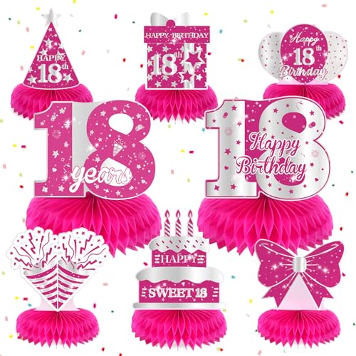 Yoirrat 8Pcs Hot Pink 18th Birthday Party Decorations Girls Happy 18th Birthday Table Honeycomb Centerpieces for Table Decor Pink 18th Birthday Table Decorations Topper for Gilrs 18th Party Supplies - Image 1