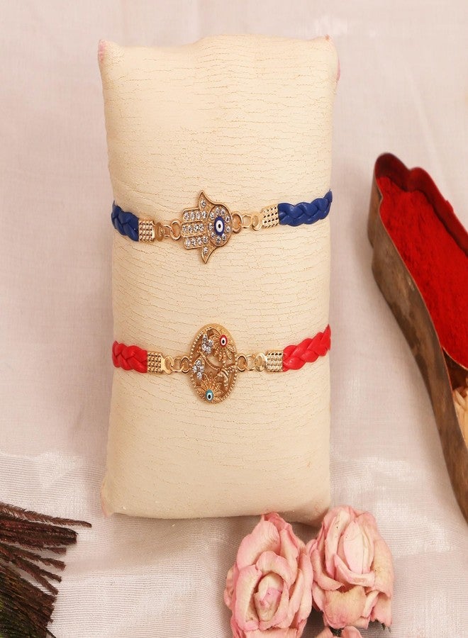 SKYLOFTS Set of 2 Peal Bracelet Kundan Rakhi for Bhaiya Rakhi Set for Brother Bhai with Roli Chawal & Card Rakshabandhan Gifts for Brother (Blue Red)