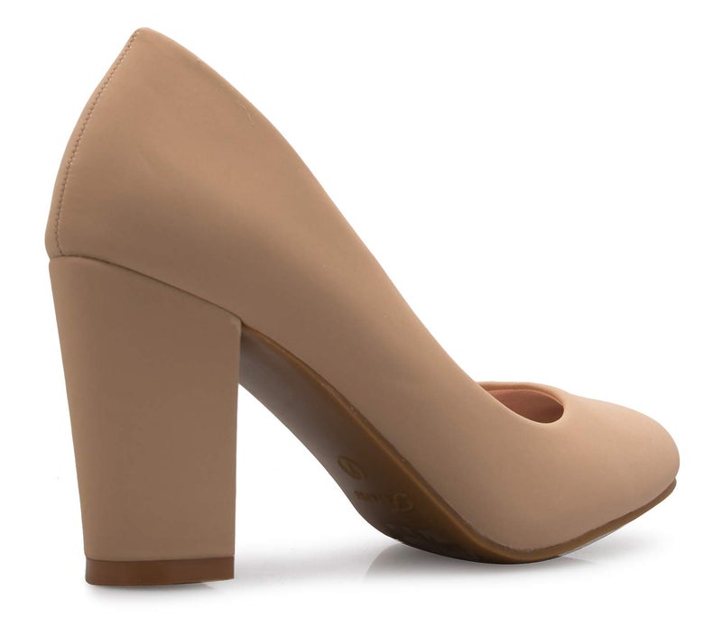Olivia K Women's Classic Round-Toe Platform Pumps High Block Heel - Adorable, Comfortable Taupe Nubuck - Image 3