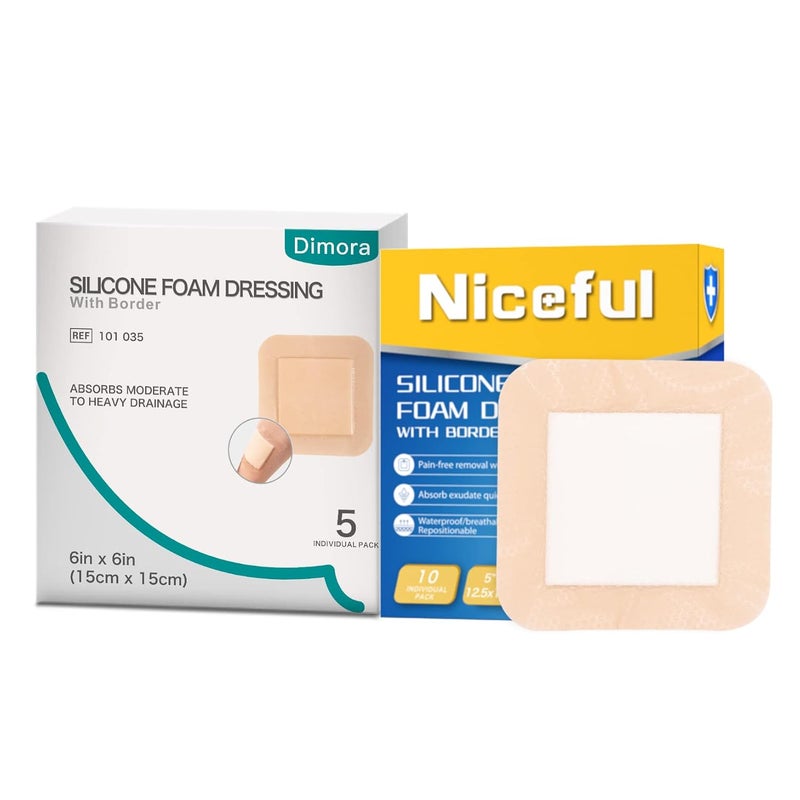 Dimora Niceful 10 Packs Silicone Foam Dressing 5x5 5 Packs Silicone Foam Dressing 6x6 Waterproof Border Foam Dressing for Pressure Ulcer Bedsore Bandages - Image 1