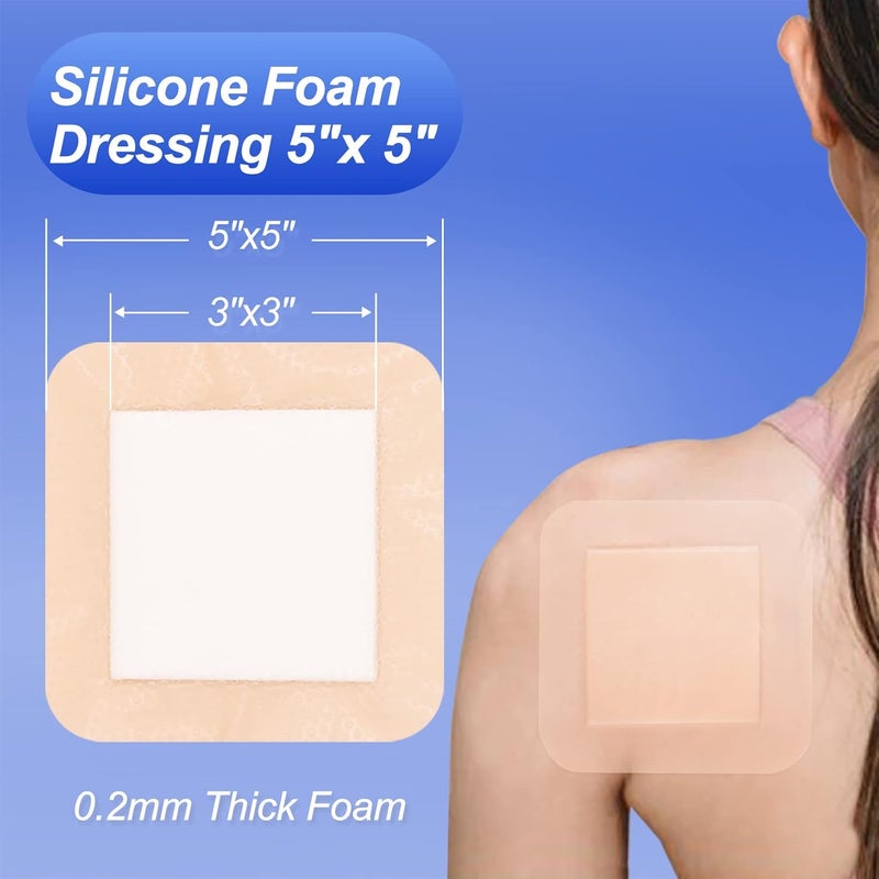 Dimora Niceful 10 Packs Silicone Foam Dressing 5x5 5 Packs Silicone Foam Dressing 6x6 Waterproof Border Foam Dressing for Pressure Ulcer Bedsore Bandages - Image 5
