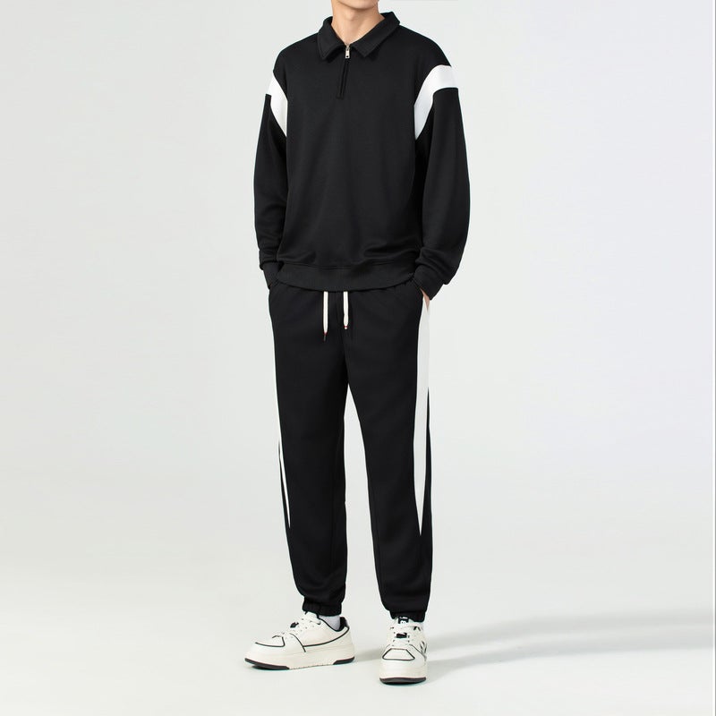 Autumn New Sweater suit Mens Casual Top Lapel Pullover Zipper Shirt Stitching Long Sleeve Trousers Loose Black - Image 1