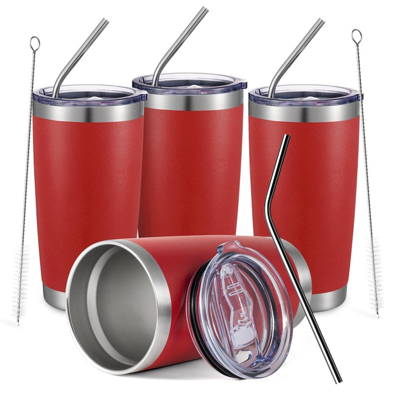 COMOOO 20oz Double Wall Vacuum Insulated Travel Mug Stainless Steel Tumbler with Lid and Straw Durable Powder Coated Insulated Coffee Cup for Cold  Hot Drinks Red 4 PACK