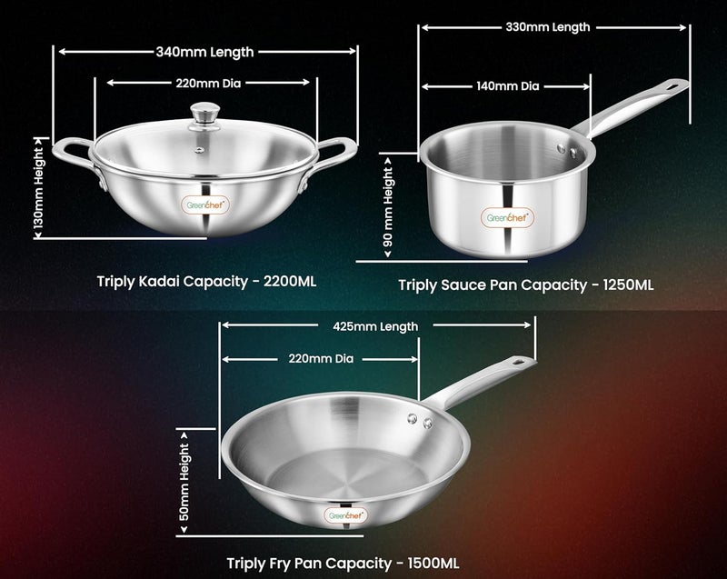 Greenchef Stainless Steel Tri ply Stainless Steel Crest Combo (Kadhai 22CM with Glass lid, FryPan 22CM, Saucepan 14CM) Exterior Surface, Induction Compatible, Scratch Resistant - Image 4