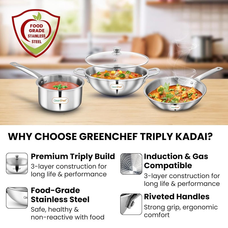 Greenchef Stainless Steel Tri ply Stainless Steel Crest Combo (Kadhai 22CM with Glass lid, FryPan 22CM, Saucepan 14CM) Exterior Surface, Induction Compatible, Scratch Resistant - Image 5