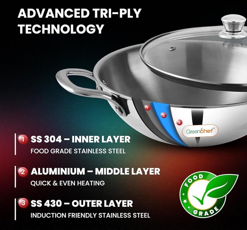 Greenchef Stainless Steel Tri ply Stainless Steel Crest Combo (Kadhai 22CM with Glass lid, FryPan 22CM, Saucepan 14CM) Exterior Surface, Induction Compatible, Scratch Resistant - Image 3