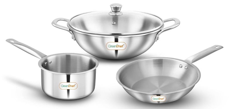Greenchef Stainless Steel Tri ply Stainless Steel Crest Combo (Kadhai 22CM with Glass lid, FryPan 22CM, Saucepan 14CM) Exterior Surface, Induction Compatible, Scratch Resistant - Image 1