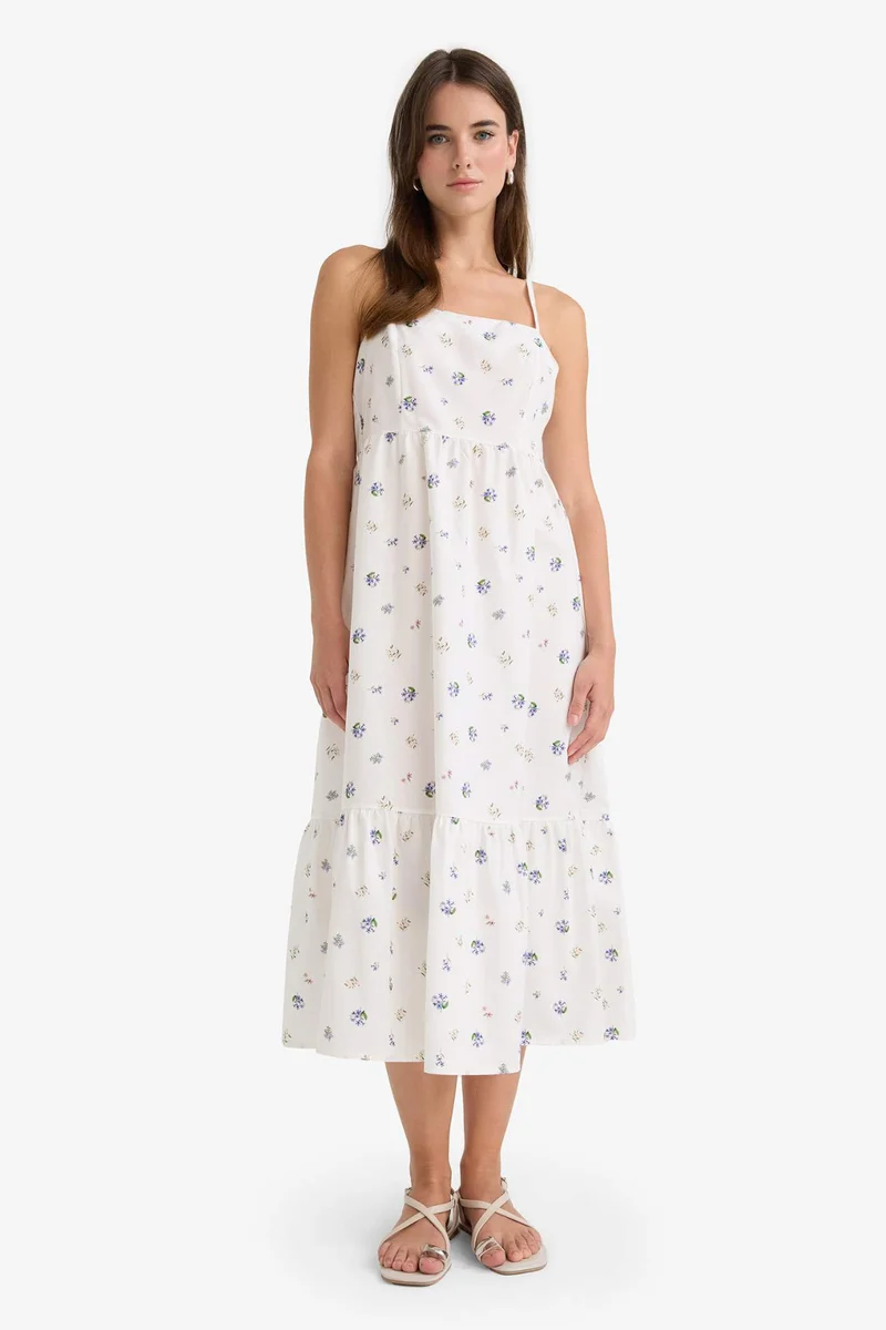 ديفاكتو Square Collar Floral Poplin Midi Dress