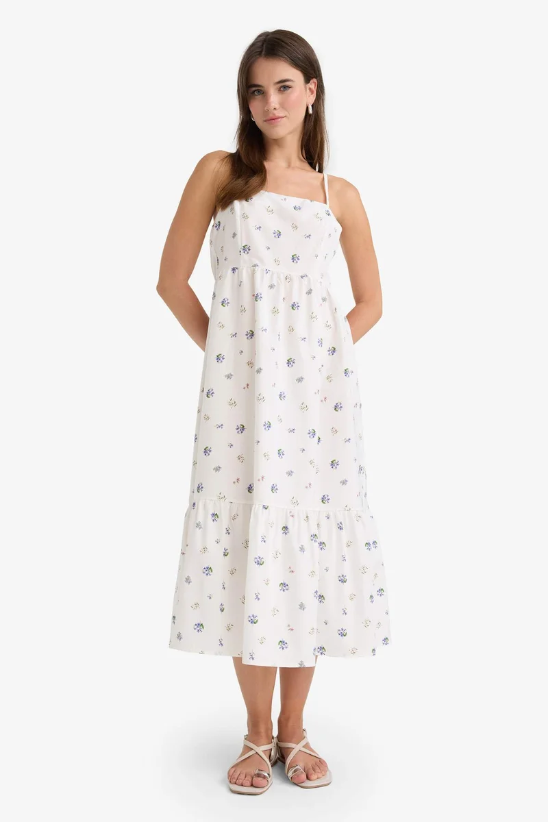 ديفاكتو Square Collar Floral Poplin Midi Dress