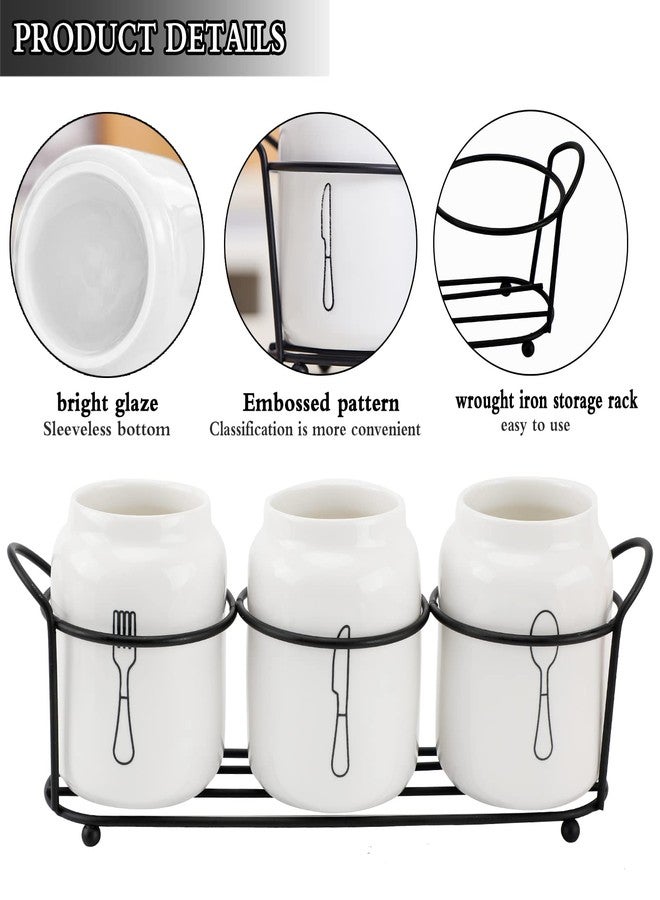 EWUHRY 4 Piece Silverware Holder for Organizer Countertop White Ceramic Silverware Caddy with Black Metal Rack, Fork Spoon Utensil Holder Flatware Organizers Cutlery Storage for Kitchen Tabletop Cabinet - Image 2
