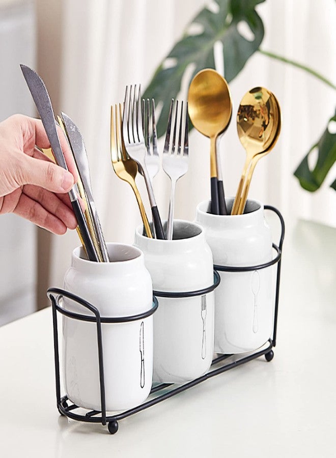 EWUHRY 4 Piece Silverware Holder for Organizer Countertop White Ceramic Silverware Caddy with Black Metal Rack, Fork Spoon Utensil Holder Flatware Organizers Cutlery Storage for Kitchen Tabletop Cabinet - Image 5