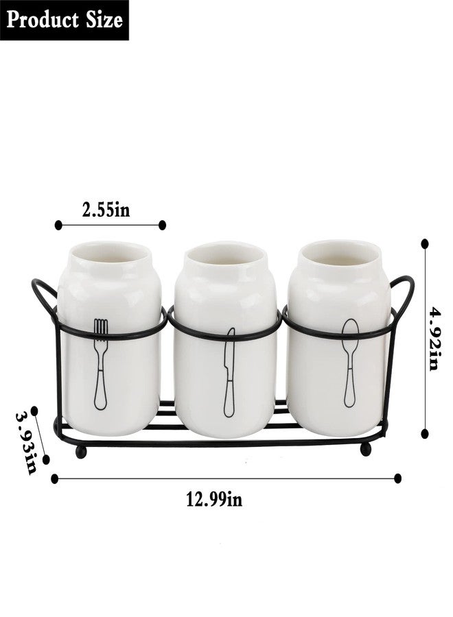 EWUHRY 4 Piece Silverware Holder for Organizer Countertop White Ceramic Silverware Caddy with Black Metal Rack, Fork Spoon Utensil Holder Flatware Organizers Cutlery Storage for Kitchen Tabletop Cabinet - Image 3