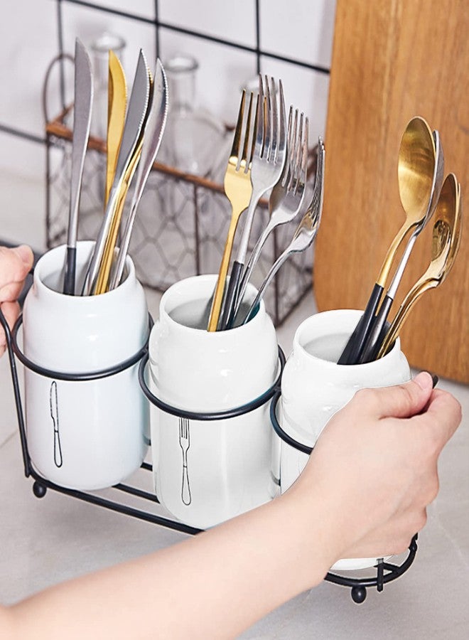 EWUHRY 4 Piece Silverware Holder for Organizer Countertop White Ceramic Silverware Caddy with Black Metal Rack, Fork Spoon Utensil Holder Flatware Organizers Cutlery Storage for Kitchen Tabletop Cabinet - Image 4