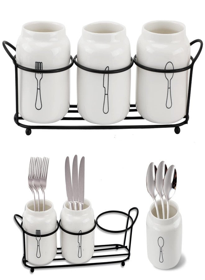 EWUHRY 4 Piece Silverware Holder for Organizer Countertop White Ceramic Silverware Caddy with Black Metal Rack, Fork Spoon Utensil Holder Flatware Organizers Cutlery Storage for Kitchen Tabletop Cabinet - Image 1