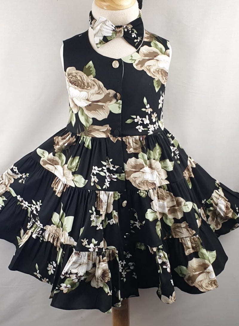 Little miss Bella Girls Midi Cotton Flower Dress Button Down Girls Party Wear Dresses Special Occasion Sleeveless Girls Cotton Dress with A Matching Headband 