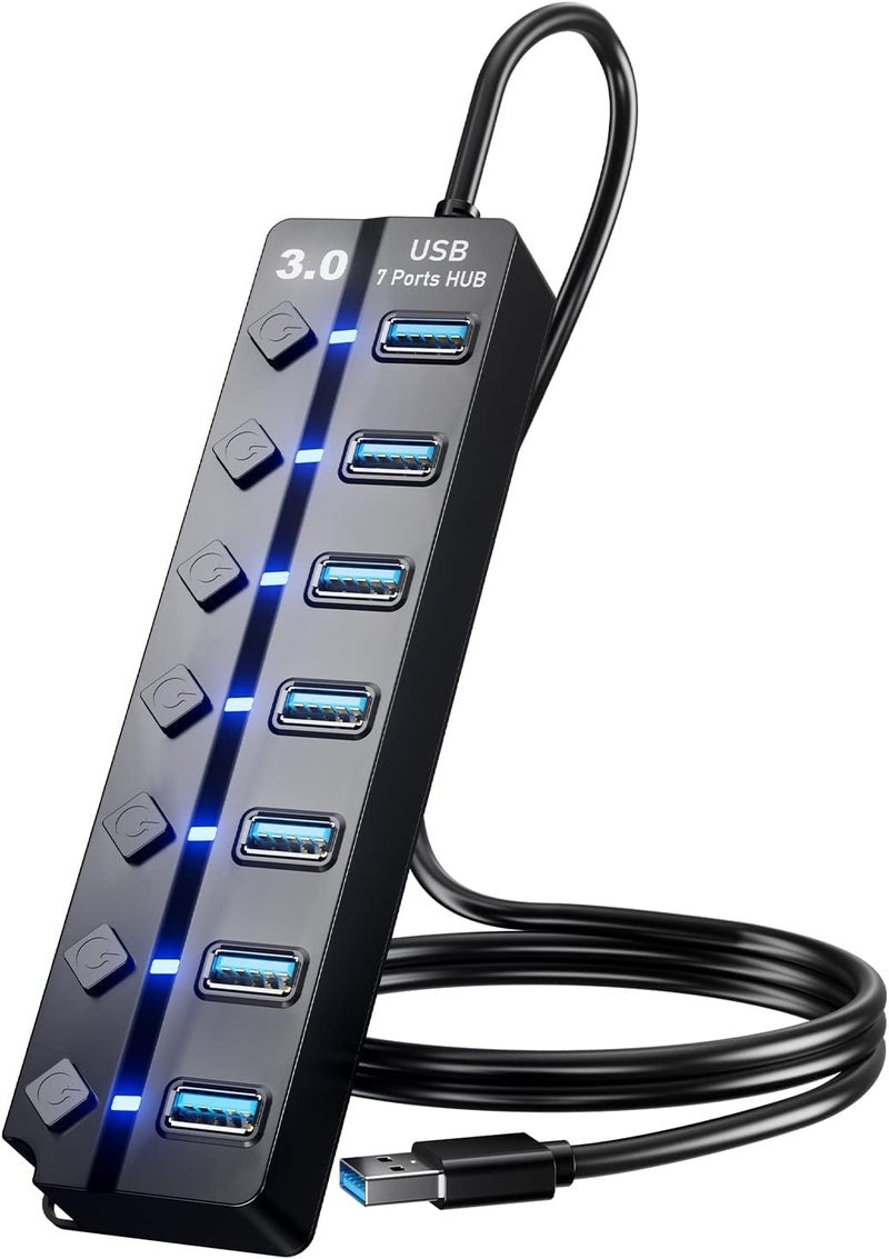 Eanetf USB 3.0 Hub, 7-Port with Individual On/Off Switches & LED Indicators, 5Gbps High-Speed Data Hub for Laptop, PC, MacBook, Surface Pro, PS5, HDD, Flash Drive (4ft Cable) - Image 1