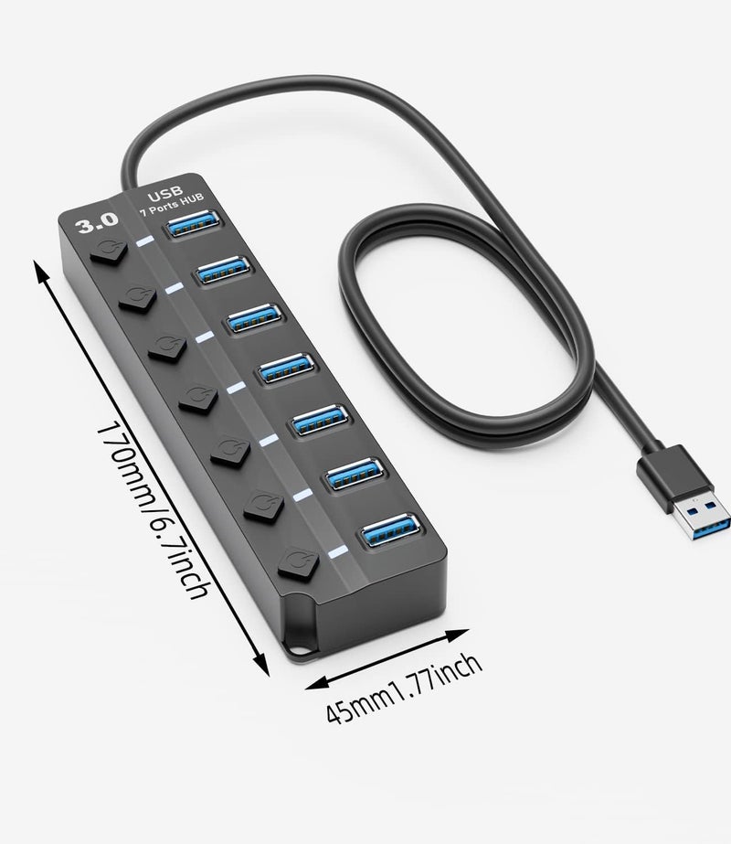 Eanetf USB 3.0 Hub, 7-Port with Individual On/Off Switches & LED Indicators, 5Gbps High-Speed Data Hub for Laptop, PC, MacBook, Surface Pro, PS5, HDD, Flash Drive (4ft Cable) - Image 2