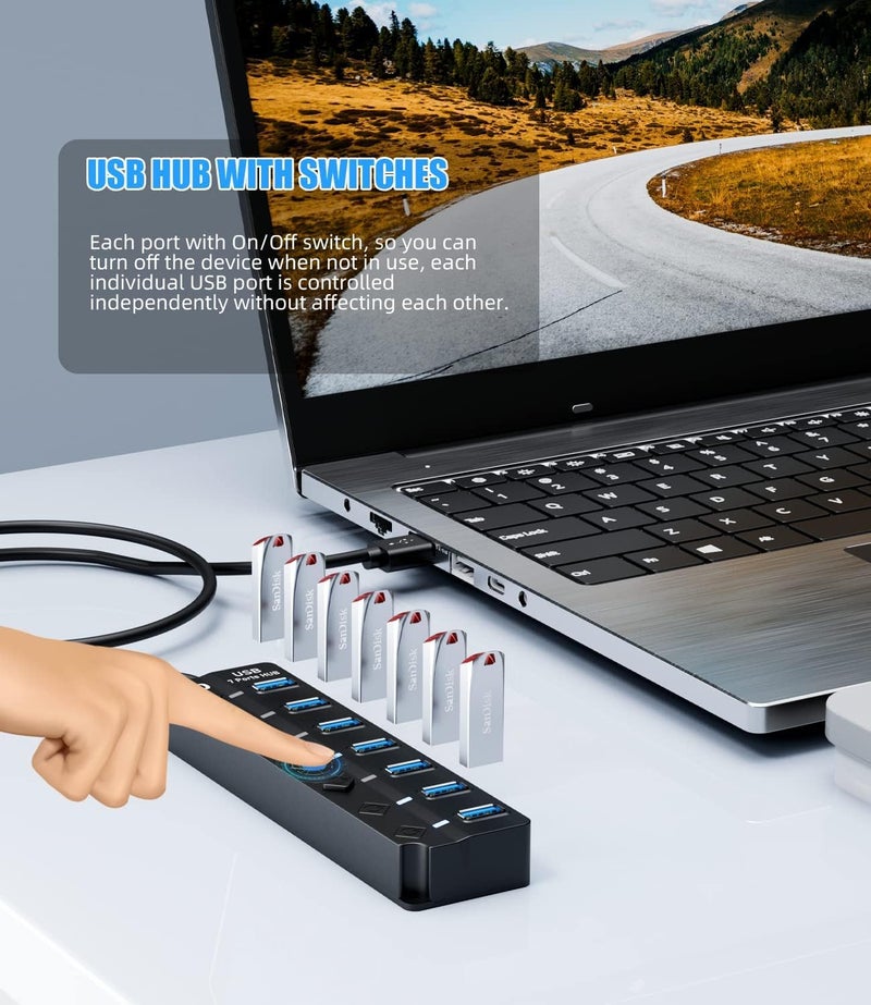 Eanetf USB 3.0 Hub, 7-Port with Individual On/Off Switches & LED Indicators, 5Gbps High-Speed Data Hub for Laptop, PC, MacBook, Surface Pro, PS5, HDD, Flash Drive (4ft Cable) - Image 3