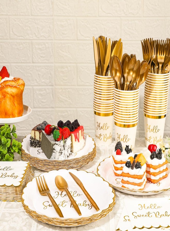 Newtay 300 Pcs Baby Tableware Set Baby Shower Dinnerware Set Include Disposable Cake Plate Paper Cups Cocktail Napkins Forks Knives Spoons for Birthday Party Supplies 50 Guests - Image 4