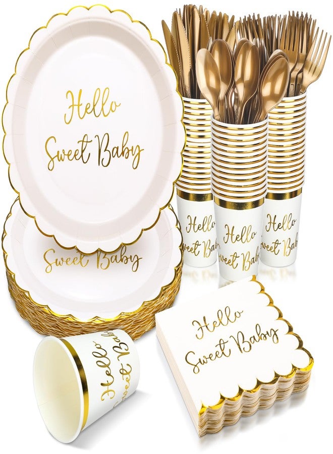 Newtay 300 Pcs Baby Tableware Set Baby Shower Dinnerware Set Include Disposable Cake Plate Paper Cups Cocktail Napkins Forks Knives Spoons for Birthday Party Supplies 50 Guests - Image 1