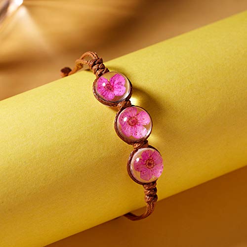 RINHOO Handmade Dry Pressed Flower Cherry Blossom Gemstone Glass Cover Charms Adjustable Rope Strand Bangle Bracelet Women Jewelry(Rose) - Image 5