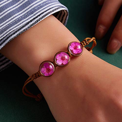 RINHOO Handmade Dry Pressed Flower Cherry Blossom Gemstone Glass Cover Charms Adjustable Rope Strand Bangle Bracelet Women Jewelry(Rose) - Image 4