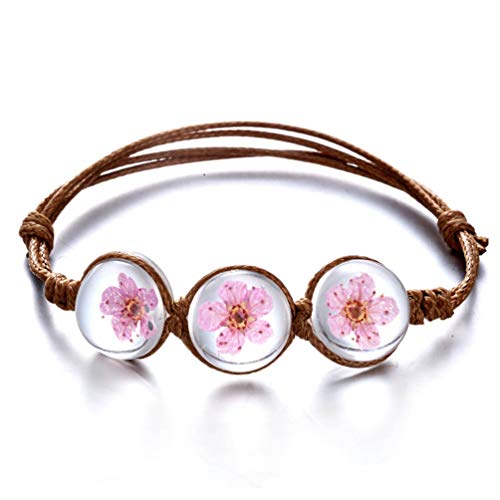 RINHOO Handmade Dry Pressed Flower Cherry Blossom Gemstone Glass Cover Charms Adjustable Rope Strand Bangle Bracelet Women Jewelry(Rose) - Image 1
