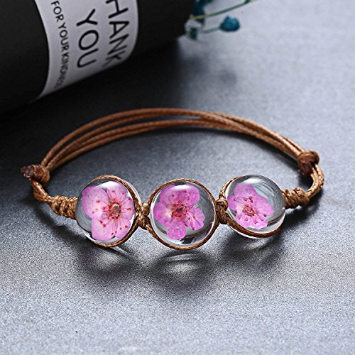 RINHOO Handmade Dry Pressed Flower Cherry Blossom Gemstone Glass Cover Charms Adjustable Rope Strand Bangle Bracelet Women Jewelry(Rose) - Image 3