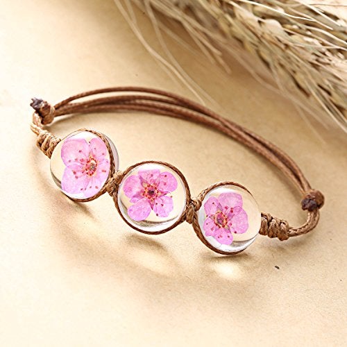 RINHOO Handmade Dry Pressed Flower Cherry Blossom Gemstone Glass Cover Charms Adjustable Rope Strand Bangle Bracelet Women Jewelry(Rose) - Image 2