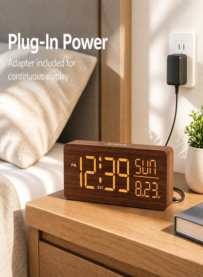 Peakeep Wooden Digital Alarm Clock Large Display, Textured Desk Table Decoration for Bedroom, Living Room, Plug in Clock with Time Date Day, 5 Brightness, Auto DST - Image 2