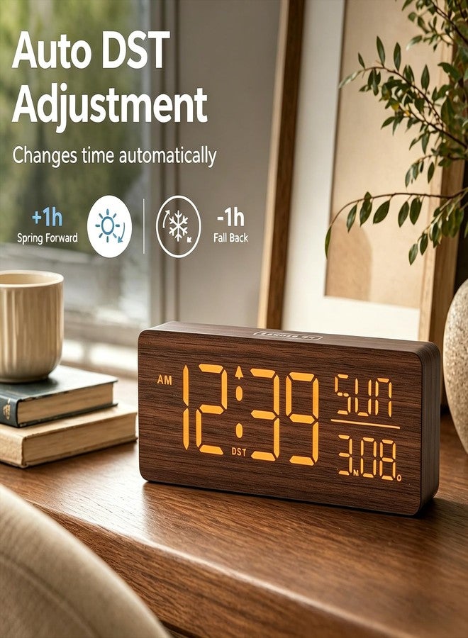Peakeep Wooden Digital Alarm Clock Large Display, Textured Desk Table Decoration for Bedroom, Living Room, Plug in Clock with Time Date Day, 5 Brightness, Auto DST - Image 5