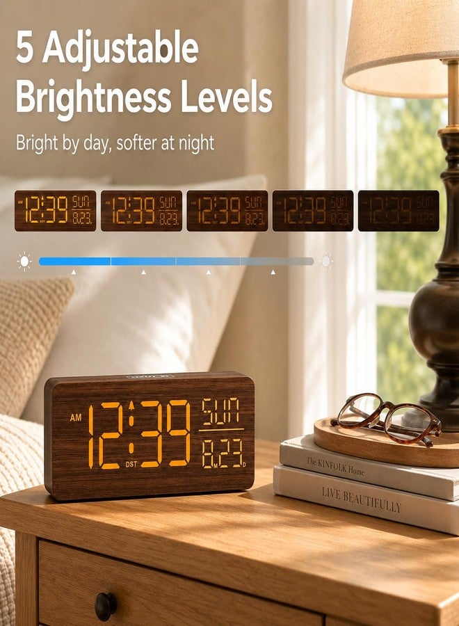 Peakeep Wooden Digital Alarm Clock Large Display, Textured Desk Table Decoration for Bedroom, Living Room, Plug in Clock with Time Date Day, 5 Brightness, Auto DST - Image 4
