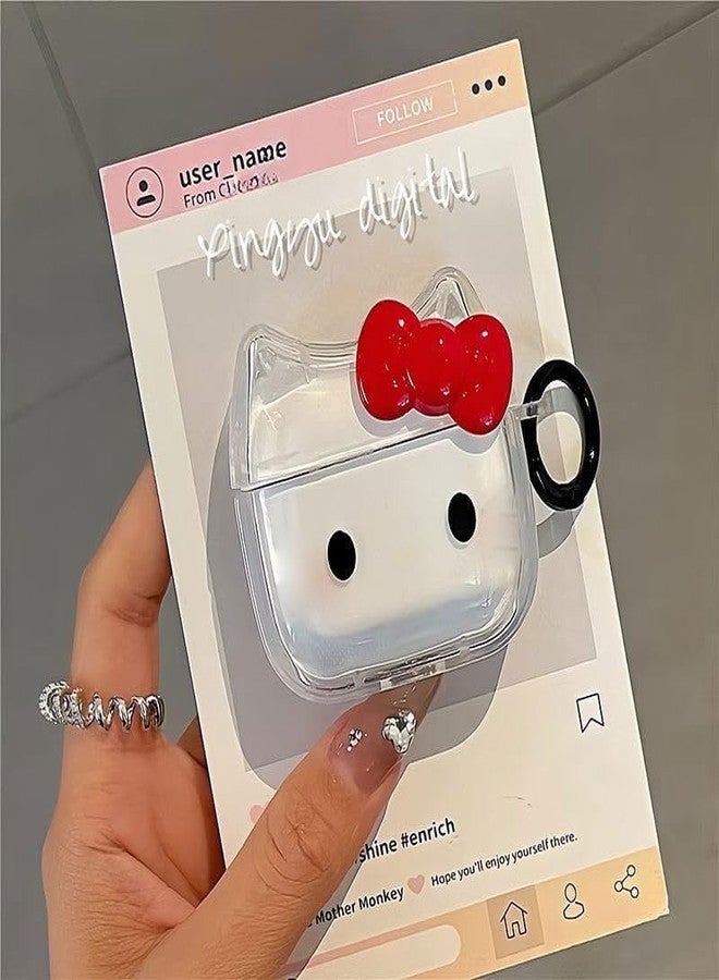 جراب سماعات شفاف لسماعات AirPods 4، جراب سيليكون TPU ناعم بتصميم وجه قطة لطيف وجميل، غطاء حماية لسماعات AirPods 4 بتصميم أذن قطة، مقاوم للصدمات، واقي لسماعات iPod - قطة بفيونكة حمراء - Image 3