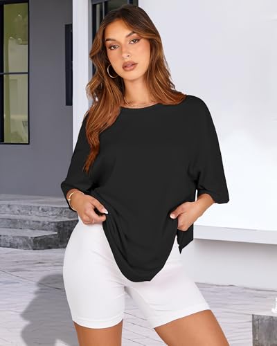 rosemia Womens Oversized Tshirt Graphic Tees Crew Neck Summer Short Sleeve Loose Fit Tops (Pure Black, M) - Image 4