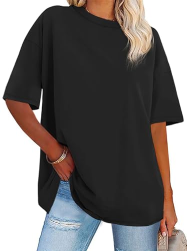 rosemia Womens Oversized Tshirt Graphic Tees Crew Neck Summer Short Sleeve Loose Fit Tops (Pure Black, M) - Image 1