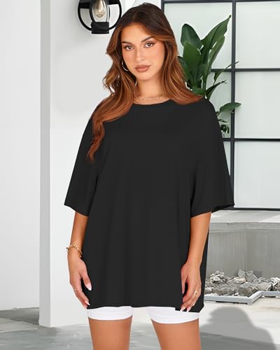 rosemia Womens Oversized Tshirt Graphic Tees Crew Neck Summer Short Sleeve Loose Fit Tops (Pure Black, M) - Image 2