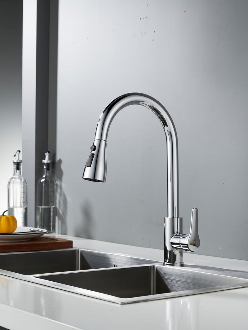 BRIMIX Kitchen Sink Faucet with Pull Down Sprayer - Heavy Duty Stainless Steel Mixer with 3 Water Modes (Chrome) - Image 2