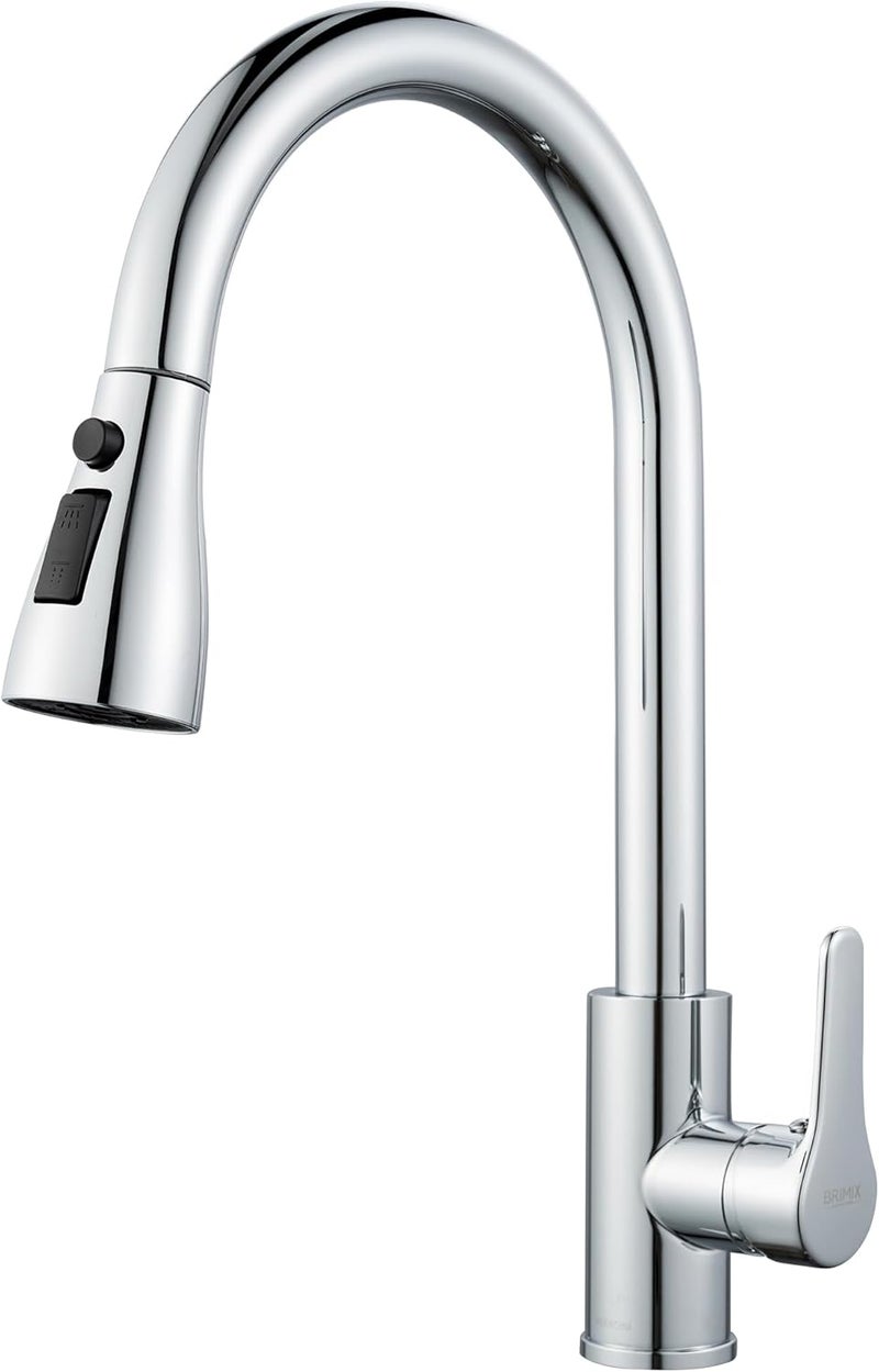 BRIMIX Kitchen Sink Faucet with Pull Down Sprayer - Heavy Duty Stainless Steel Mixer with 3 Water Modes (Chrome) - Image 1