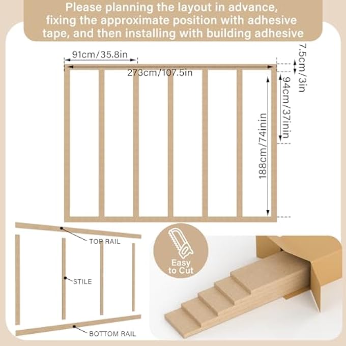 20 PCS MDF WAINSCOTING KIT 107.5 X 80 INCH PRE CUT BOARD AND BATTEN WALL PANEL KIT READY TO ASSEMBLE ACCENT WALL MOLDING DECOR MDF WAINSCOTING PANELS FOR DIY INTERIOR MOULDING - Image 3