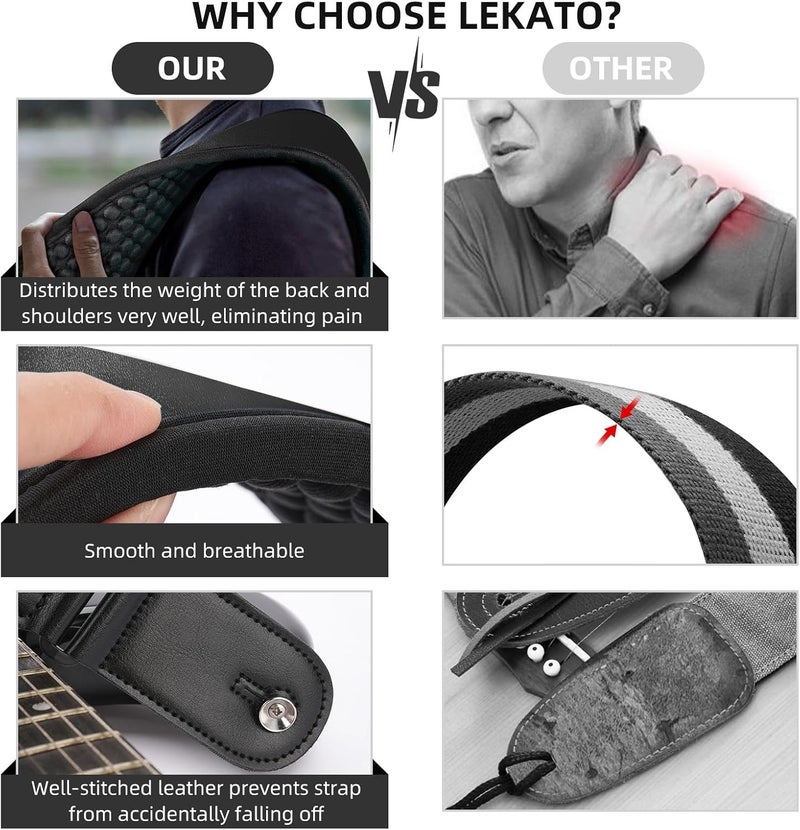 LEKATO Guitar Straps for Electric Guitar Bass, 3" Wide Padded Guitar Strap Neoprene Pad with 3D Sponge Filling Bass Guitar Straps Adjustable Length from 45" to 55" with Strap Locks, Picks, Black - Image 3