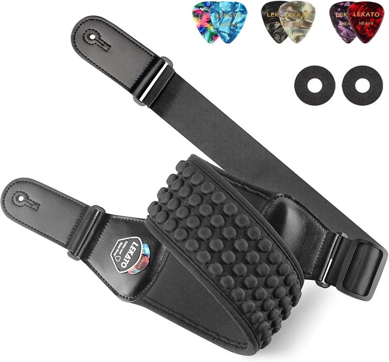 LEKATO Guitar Straps for Electric Guitar Bass, 3" Wide Padded Guitar Strap Neoprene Pad with 3D Sponge Filling Bass Guitar Straps Adjustable Length from 45" to 55" with Strap Locks, Picks, Black - Image 1