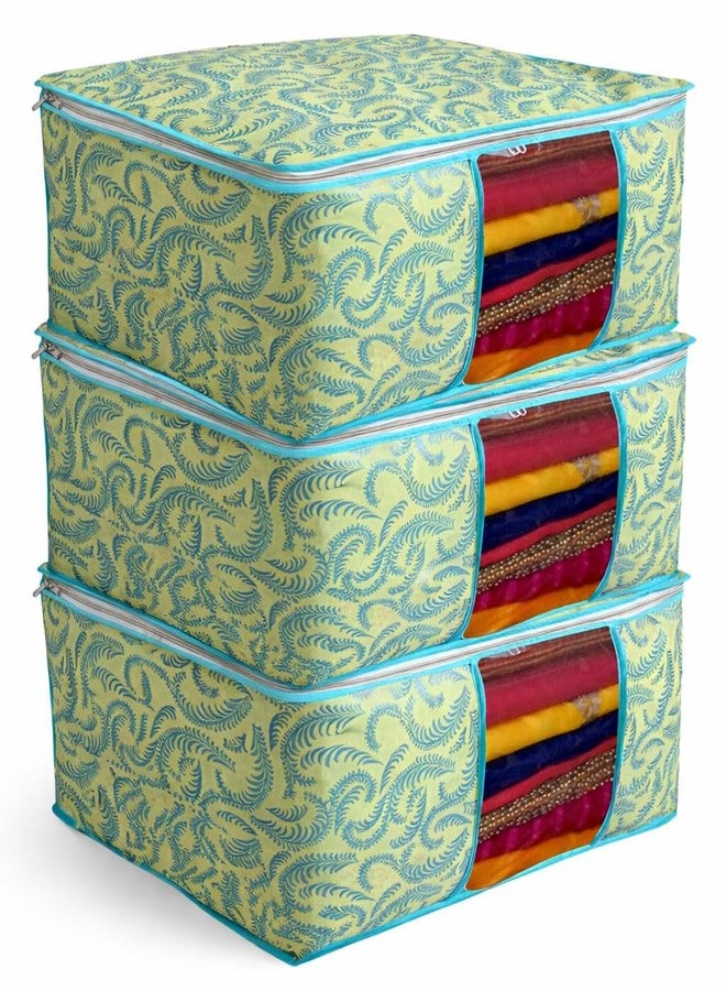 SNKM® - Saree Covers With Zip Non-Woven Printed Saree Cover/Saree Organizer For Wardrobe/Cloth Storage With Transparent Window/Saree Bags Storage/Clothes Organizer (Green- Pack of 3) - Image 1