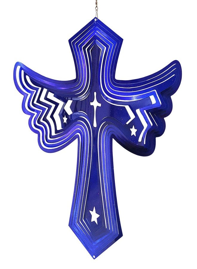 Fonmy Stainless Steel Wind Spinner Worth Gift Indoor Outdoor Garden Decoration Crafts Ornaments Metal Art Kinetic Yard Art Decorations 12 inch Blue Color Angel Wing Cross Wind Spinners - Image 3
