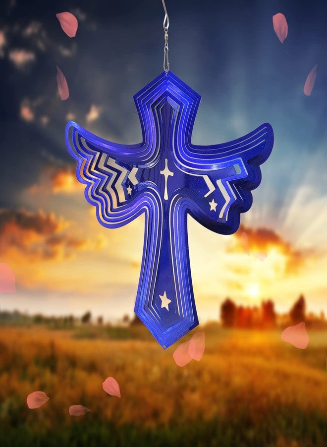 Fonmy Stainless Steel Wind Spinner Worth Gift Indoor Outdoor Garden Decoration Crafts Ornaments Metal Art Kinetic Yard Art Decorations 12 inch Blue Color Angel Wing Cross Wind Spinners - Image 1