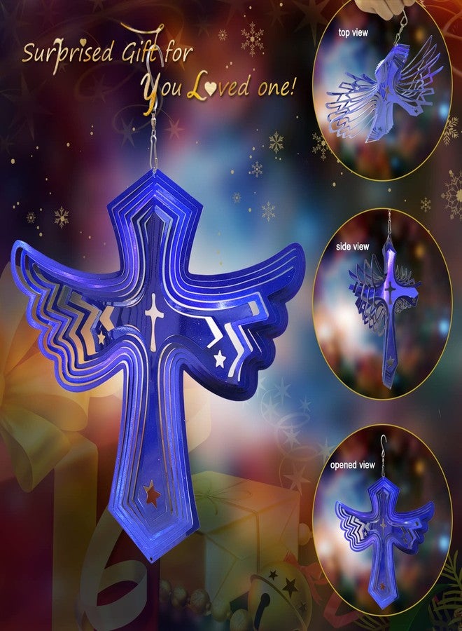 Fonmy Stainless Steel Wind Spinner Worth Gift Indoor Outdoor Garden Decoration Crafts Ornaments Metal Art Kinetic Yard Art Decorations 12 inch Blue Color Angel Wing Cross Wind Spinners - Image 4
