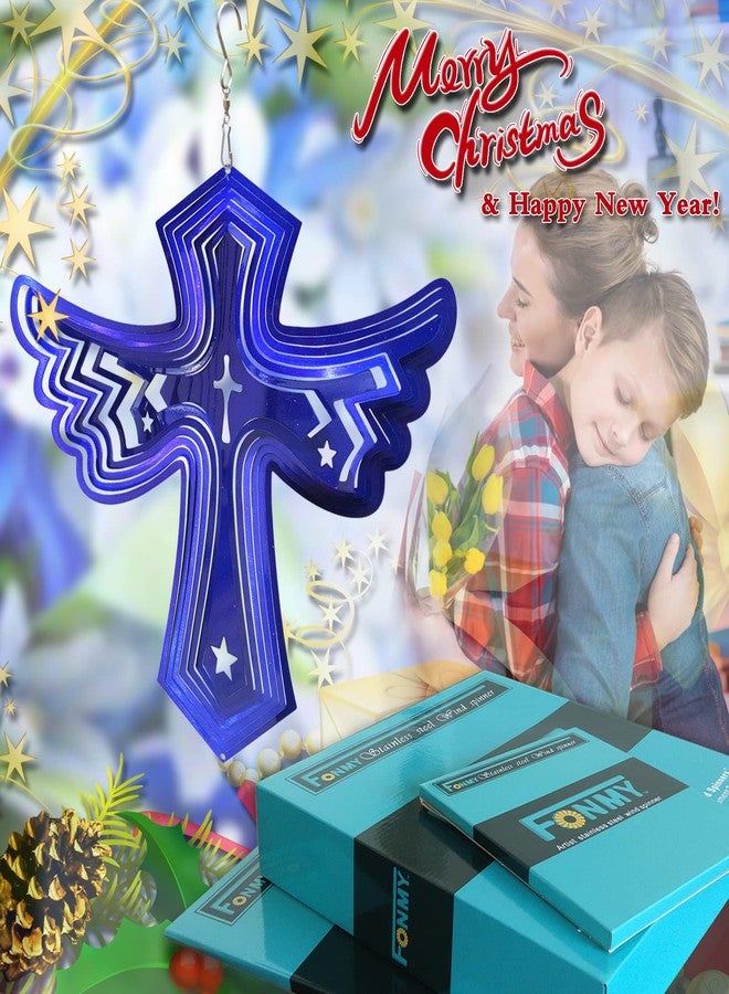 Fonmy Stainless Steel Wind Spinner Worth Gift Indoor Outdoor Garden Decoration Crafts Ornaments Metal Art Kinetic Yard Art Decorations 12 inch Blue Color Angel Wing Cross Wind Spinners - Image 2