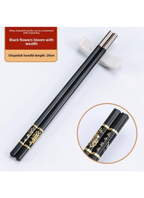 Disposable Chopsticks Head Fixed Printing Logo Can Change Head Stitching Chopsticks Handle Engraving Commercial Hotel Hotpot Special Chopsticks-Color:Black Flower Blooms And Wealth-20cm Chopstick Handle-Specifications:10 Pairs