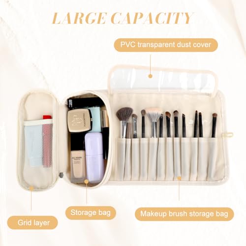 MAYCREATE® Travel Makeup Pouch Bag Organizer with 12 Sleeves, Makeup Brush Pouch, Zipper & Mesh Pouch, Waterproof Roll-Up Cosmetic Makeup Bag for Professional & Daily Use, Beige - Image 4