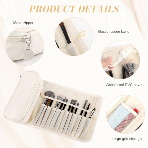 MAYCREATE® Travel Makeup Pouch Bag Organizer with 12 Sleeves, Makeup Brush Pouch, Zipper & Mesh Pouch, Waterproof Roll-Up Cosmetic Makeup Bag for Professional & Daily Use, Beige - Image 3