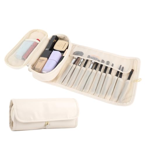 MAYCREATE® Travel Makeup Pouch Bag Organizer with 12 Sleeves, Makeup Brush Pouch, Zipper & Mesh Pouch, Waterproof Roll-Up Cosmetic Makeup Bag for Professional & Daily Use, Beige - Image 1